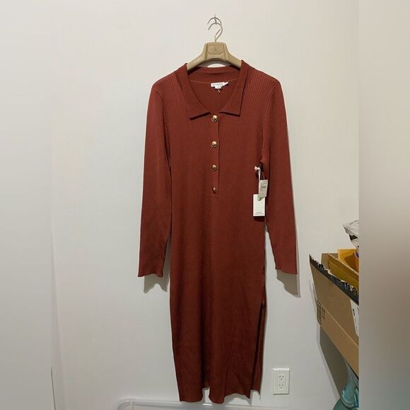 Elegant Brown Ribbed Knit Dress - Picture 5 of 9